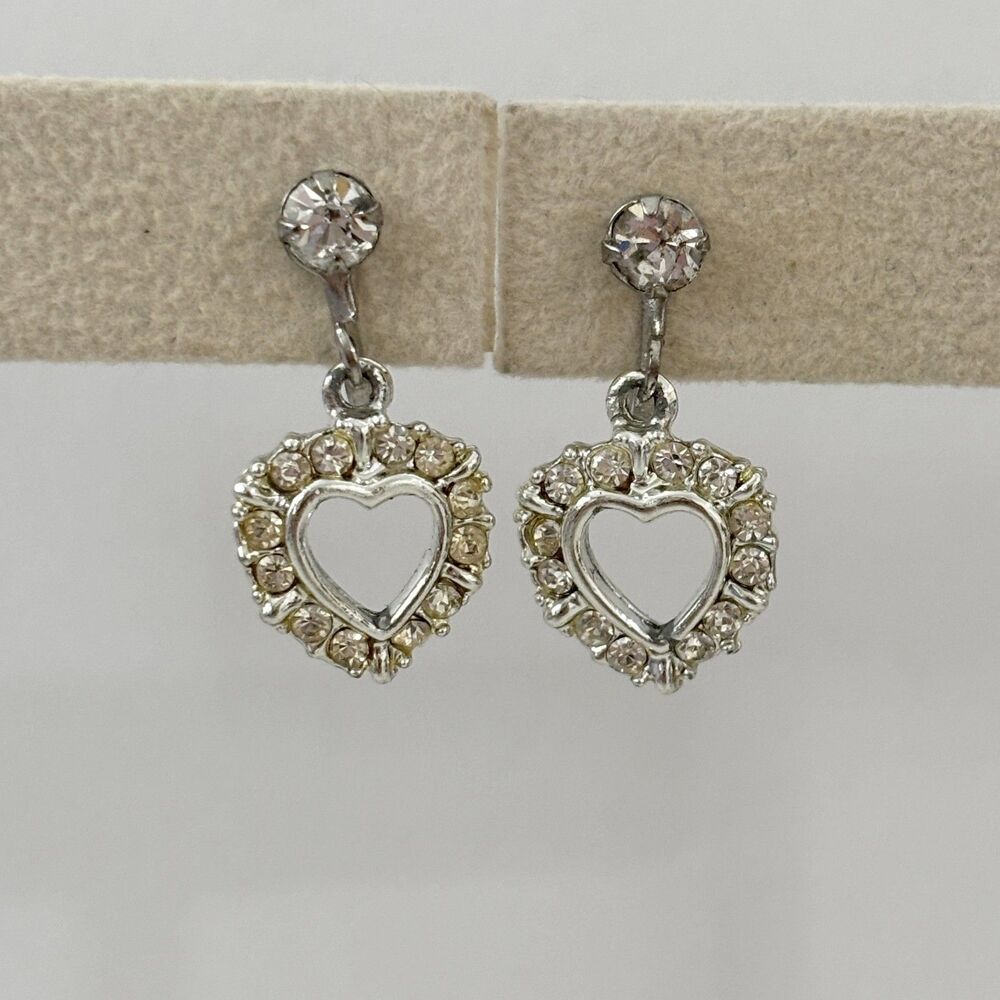 Vintage Dainty Rhinestone Heart Screw Back Earrings Valentine Feminine Romantic